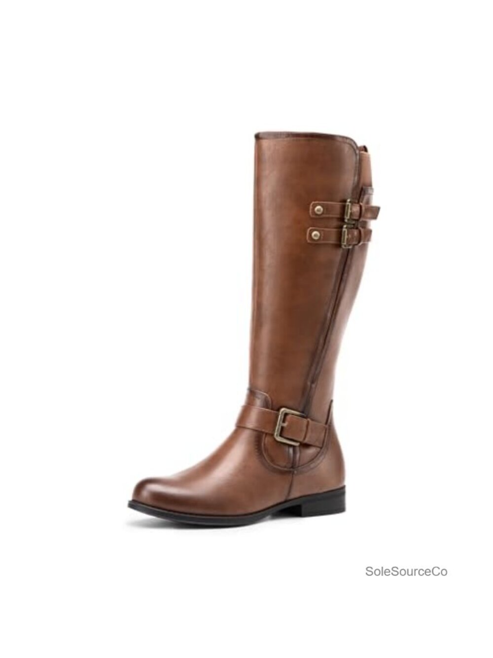Women's Knee High Riding Boots Faux Leather Buckle Detail Round Toe Zip Up